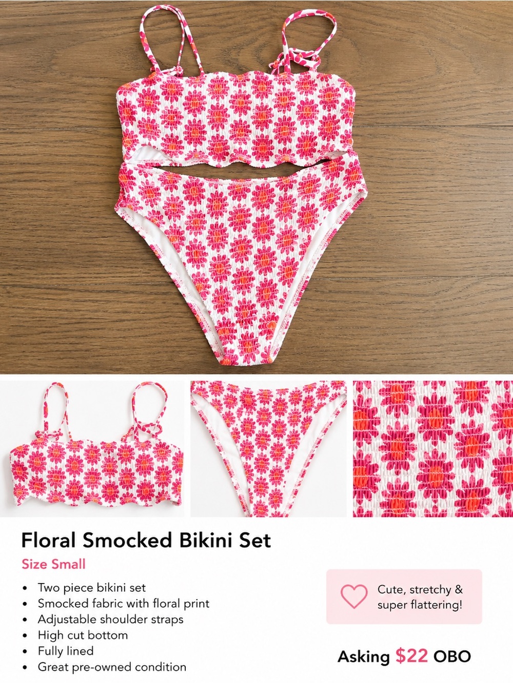 Floral Smocked Kids Bikini Set - Pink & Red